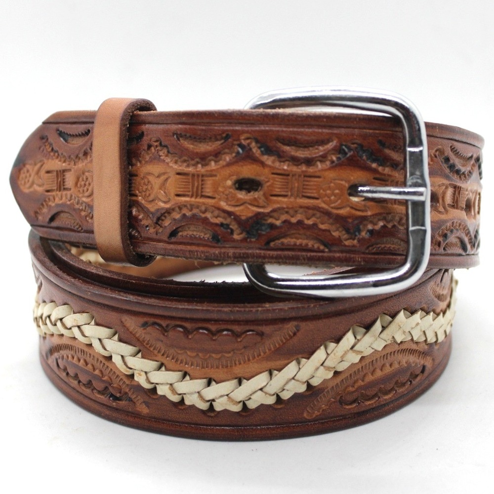 Western Leather Belt Stamped Embossed‎ Braided 1.5" Brown 42 Boho Cowboy
